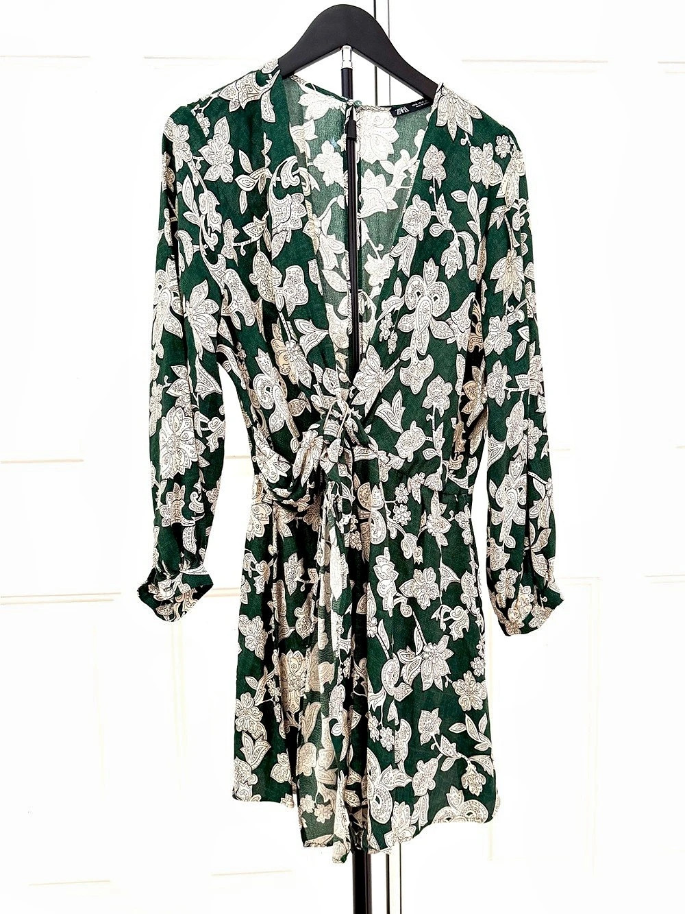 Zara Green Floral Print Long Sleeve Belted Romper Size XL Good Condition